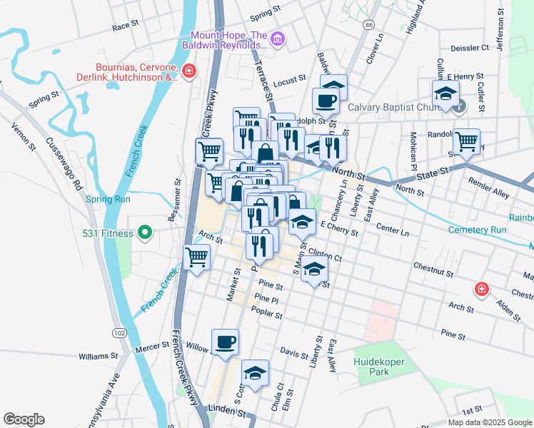 map of restaurants, bars, coffee shops, grocery stores, and more near 918 Park Avenue in Meadville