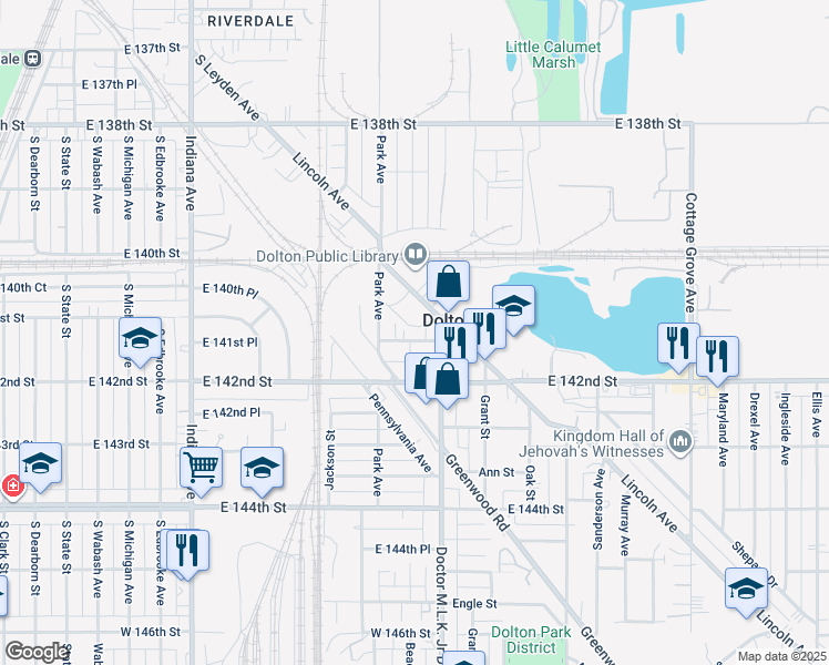 map of restaurants, bars, coffee shops, grocery stores, and more near 516 Washington Street in Dolton
