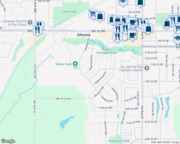 map of restaurants, bars, coffee shops, grocery stores, and more near 1221 Rosewood Drive in Altoona