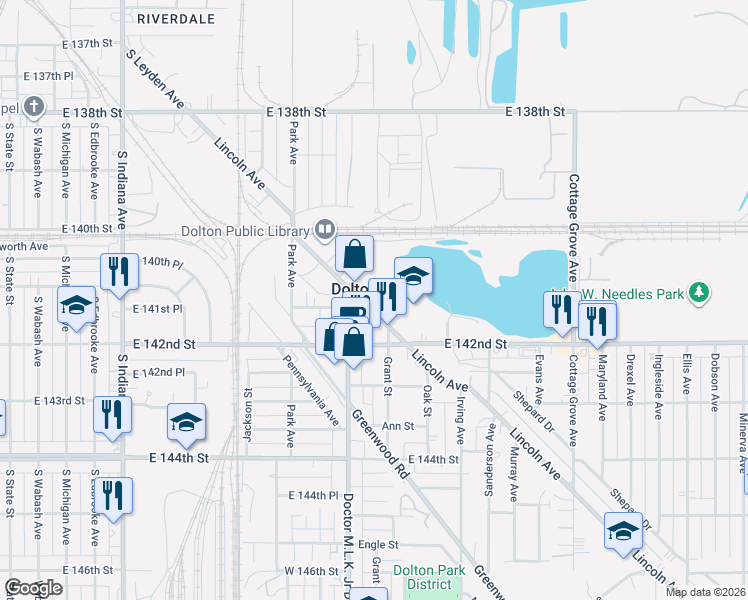 map of restaurants, bars, coffee shops, grocery stores, and more near 14119 Lincoln Avenue in Dolton