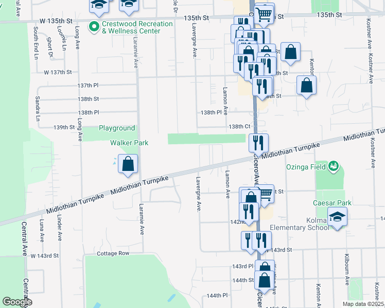 map of restaurants, bars, coffee shops, grocery stores, and more near 13959 Leonard Drive in Crestwood