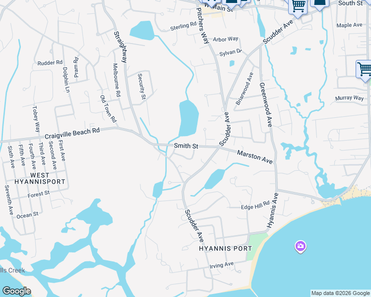 map of restaurants, bars, coffee shops, grocery stores, and more near 77 Smith Street in Barnstable