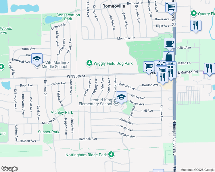 map of restaurants, bars, coffee shops, grocery stores, and more near 334 Emery Avenue in Romeoville