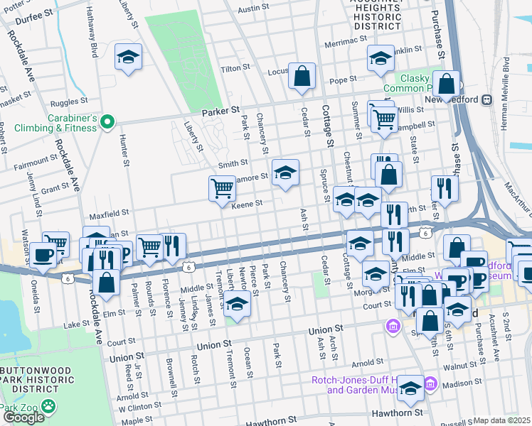 map of restaurants, bars, coffee shops, grocery stores, and more near 220 Hillman Street in New Bedford