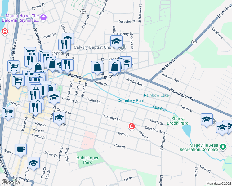 map of restaurants, bars, coffee shops, grocery stores, and more near 820 South Grant Street in Meadville