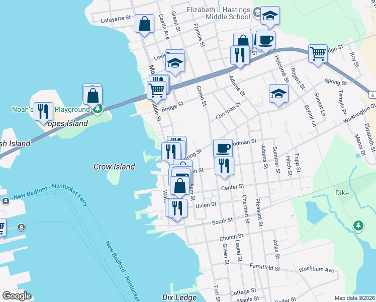 map of restaurants, bars, coffee shops, grocery stores, and more near 6 Spring Street in Fairhaven