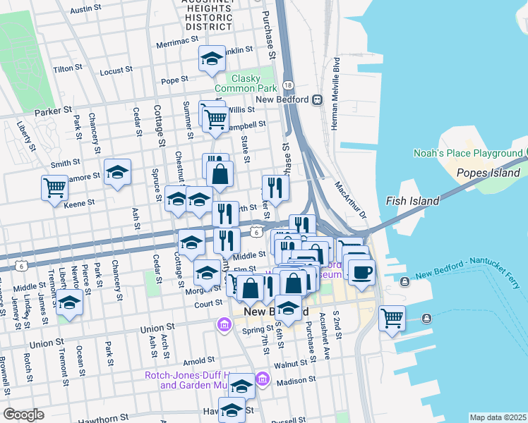 map of restaurants, bars, coffee shops, grocery stores, and more near 46 Hill Street in New Bedford