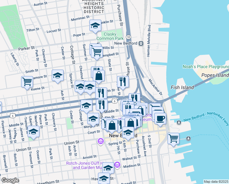 map of restaurants, bars, coffee shops, grocery stores, and more near 46 Hill Street in New Bedford