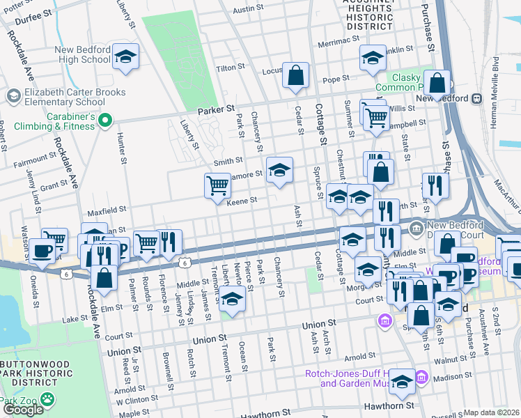 map of restaurants, bars, coffee shops, grocery stores, and more near 220 Hillman Street in New Bedford