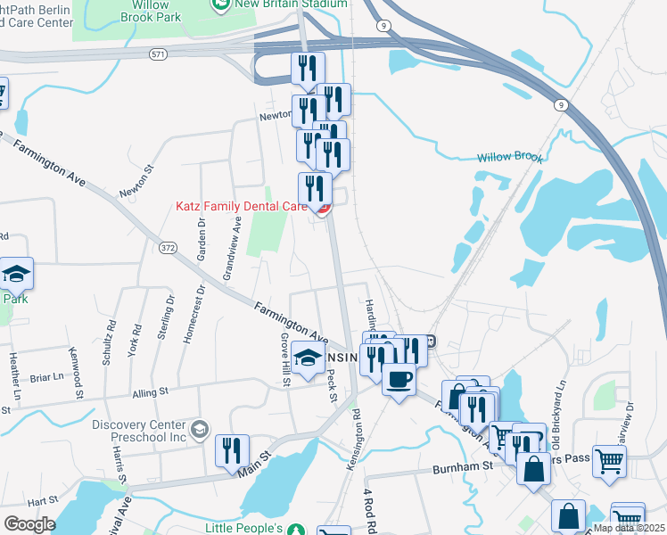 map of restaurants, bars, coffee shops, grocery stores, and more near 374 New Britain Road in Berlin