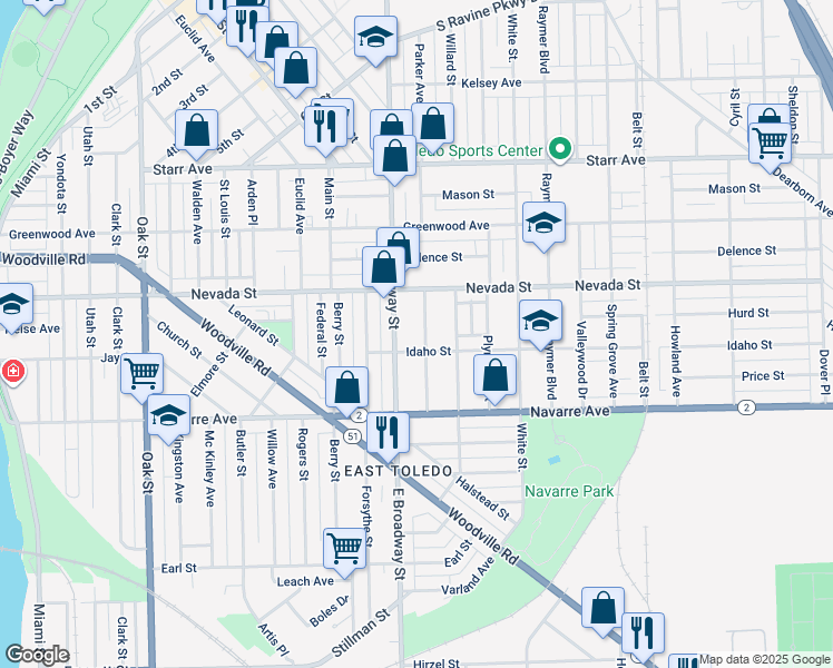 map of restaurants, bars, coffee shops, grocery stores, and more near 647 East Broadway Street in Toledo