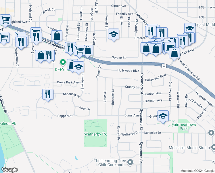 map of restaurants, bars, coffee shops, grocery stores, and more near 2103 Bancroft Drive in Iowa City