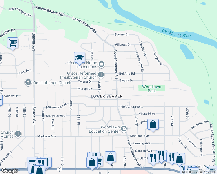 map of restaurants, bars, coffee shops, grocery stores, and more near 3630 Twana Drive in Des Moines