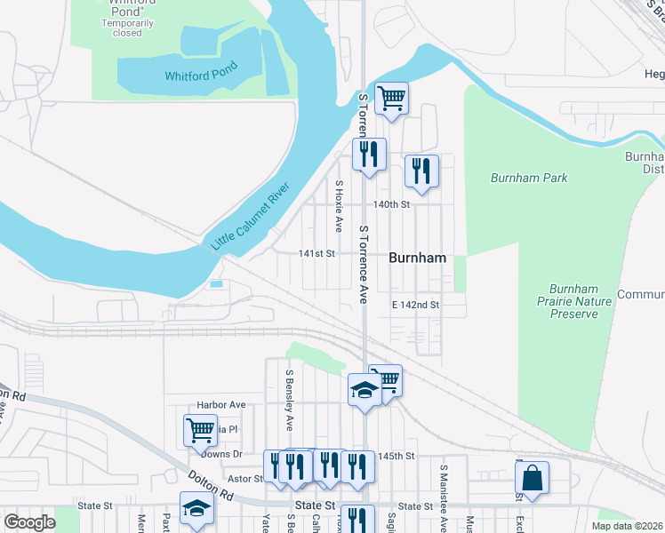 map of restaurants, bars, coffee shops, grocery stores, and more near 14116 South Hoxie Avenue in Burnham