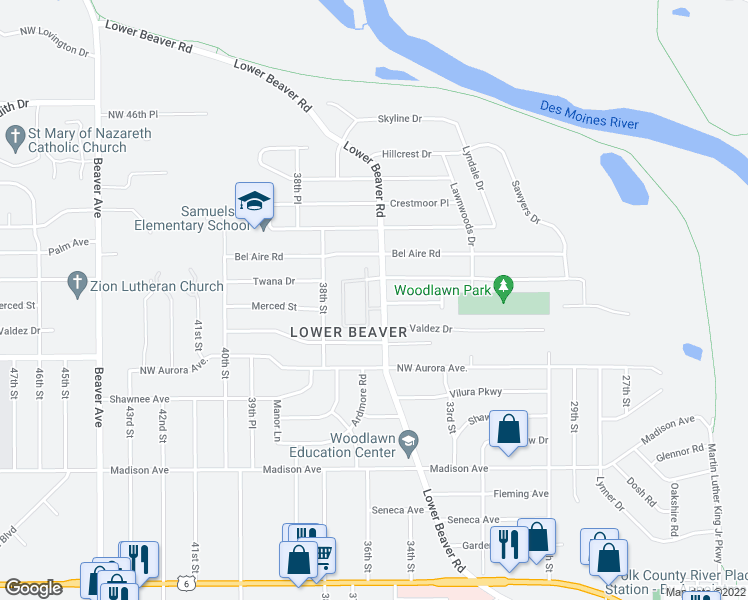 map of restaurants, bars, coffee shops, grocery stores, and more near 4538 Lower Beaver Road in Des Moines