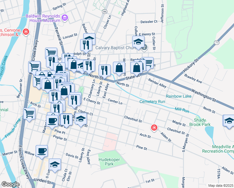 map of restaurants, bars, coffee shops, grocery stores, and more near 41490 Walnut Street in Meadville