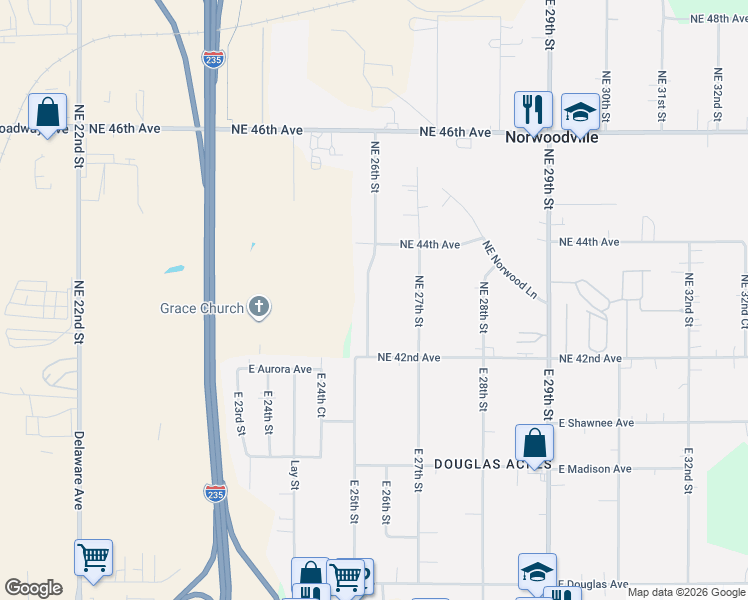 map of restaurants, bars, coffee shops, grocery stores, and more near 4301 Northeast 26th Street in Des Moines
