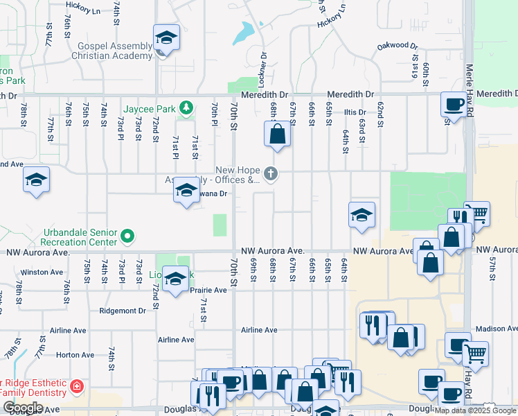 map of restaurants, bars, coffee shops, grocery stores, and more near 4237 69th Street in Urbandale