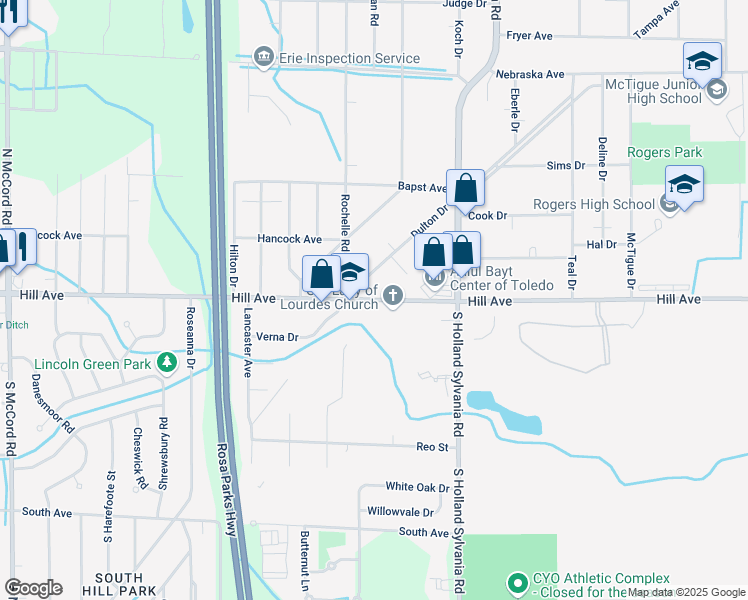 map of restaurants, bars, coffee shops, grocery stores, and more near 6145 Hill Avenue in Toledo