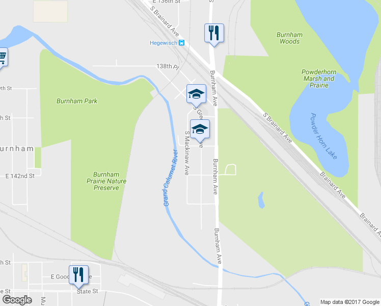 map of restaurants, bars, coffee shops, grocery stores, and more near 14107 South Mackinaw Avenue in Burnham