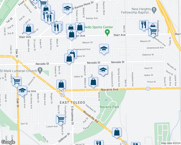 map of restaurants, bars, coffee shops, grocery stores, and more near 646 Plymouth Street in Toledo