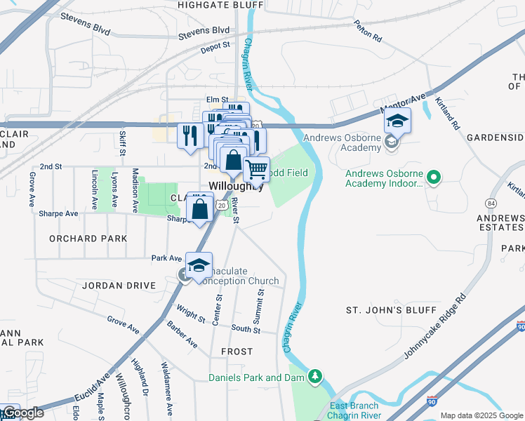 map of restaurants, bars, coffee shops, grocery stores, and more near 38260 Prospect St in Willoughby