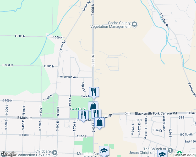 map of restaurants, bars, coffee shops, grocery stores, and more near 281 North 840 East in Hyrum