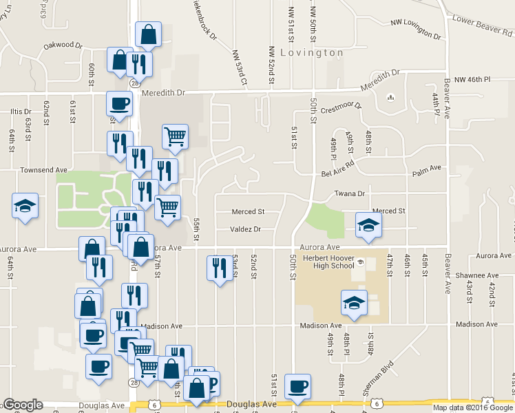 map of restaurants, bars, coffee shops, grocery stores, and more near 5131 Merced Street in Des Moines