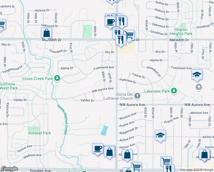 map of restaurants, bars, coffee shops, grocery stores, and more near 8709 Clover Lane in Urbandale