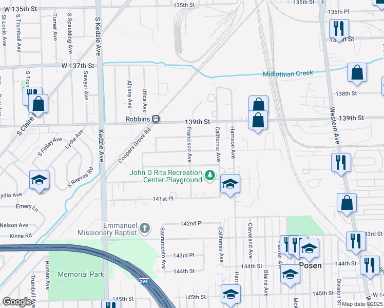map of restaurants, bars, coffee shops, grocery stores, and more near 14001 Francisco Avenue in Blue Island