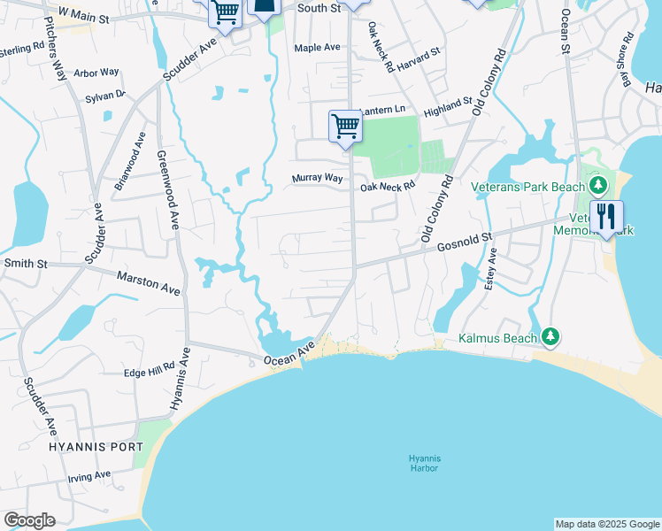 map of restaurants, bars, coffee shops, grocery stores, and more near 28 Norris Street in Barnstable