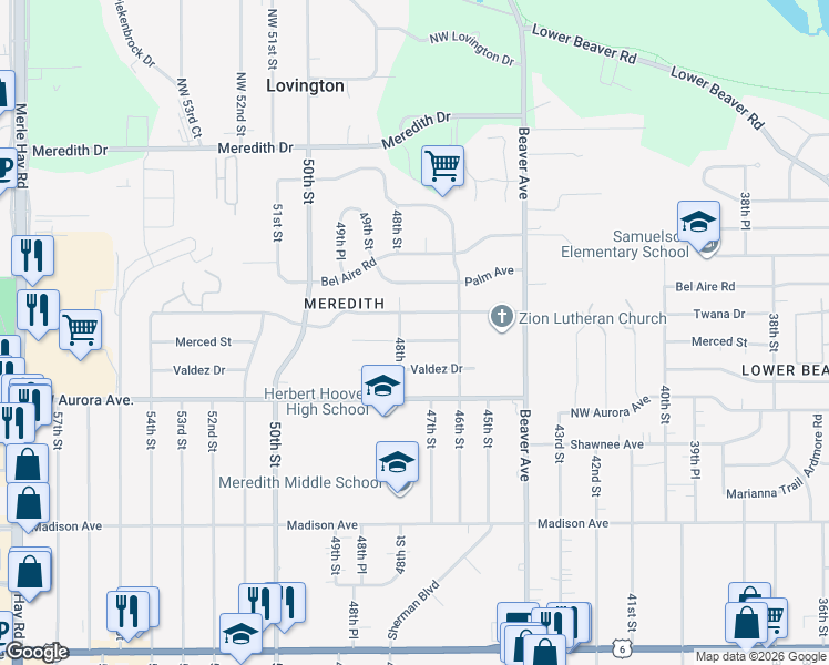 map of restaurants, bars, coffee shops, grocery stores, and more near 4709 Merced Street in Des Moines