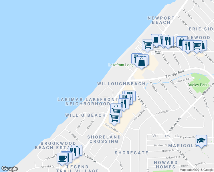 map of restaurants, bars, coffee shops, grocery stores, and more near 9106 Larimar in Eastlake