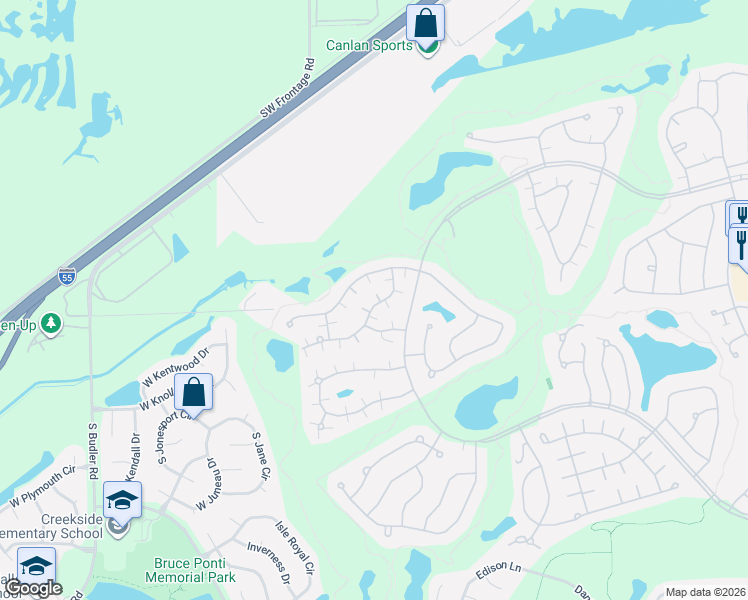 map of restaurants, bars, coffee shops, grocery stores, and more near 21344 West Juniper Lane in Plainfield