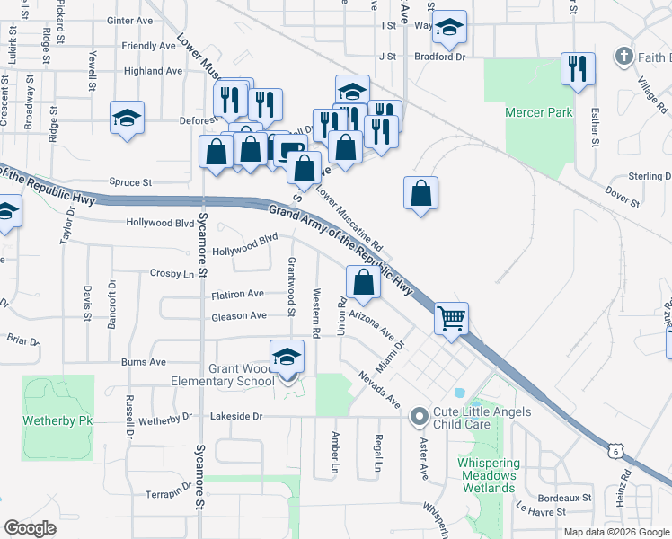 map of restaurants, bars, coffee shops, grocery stores, and more near 1916 Western Road in Iowa City