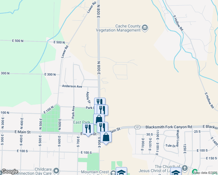 map of restaurants, bars, coffee shops, grocery stores, and more near 847 East 275 North in Hyrum