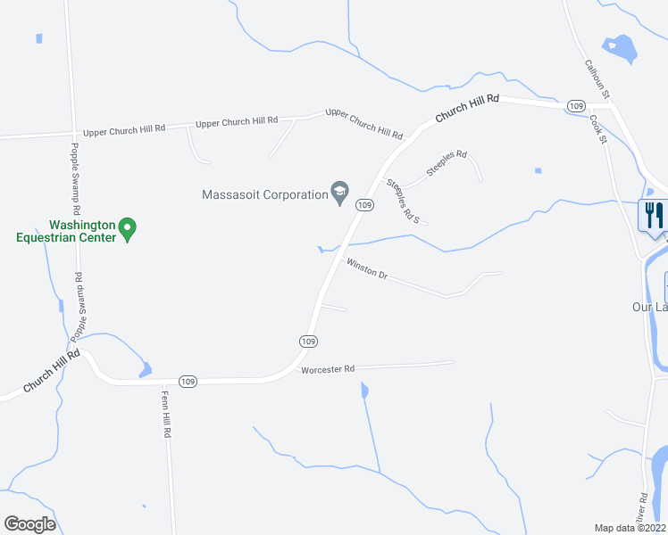map of restaurants, bars, coffee shops, grocery stores, and more near 91 Church Hill Road in Washington