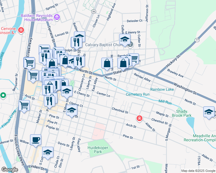 map of restaurants, bars, coffee shops, grocery stores, and more near 41490 Walnut Street in Meadville