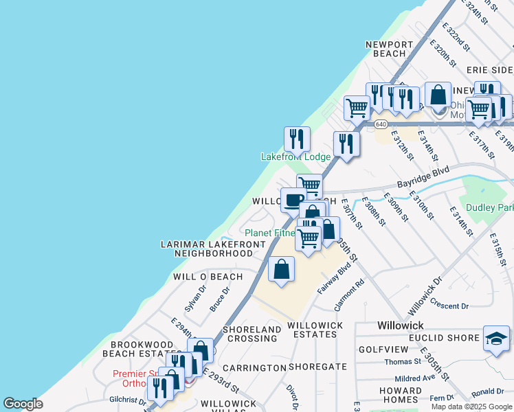 map of restaurants, bars, coffee shops, grocery stores, and more near 144 Larimar in Willowick