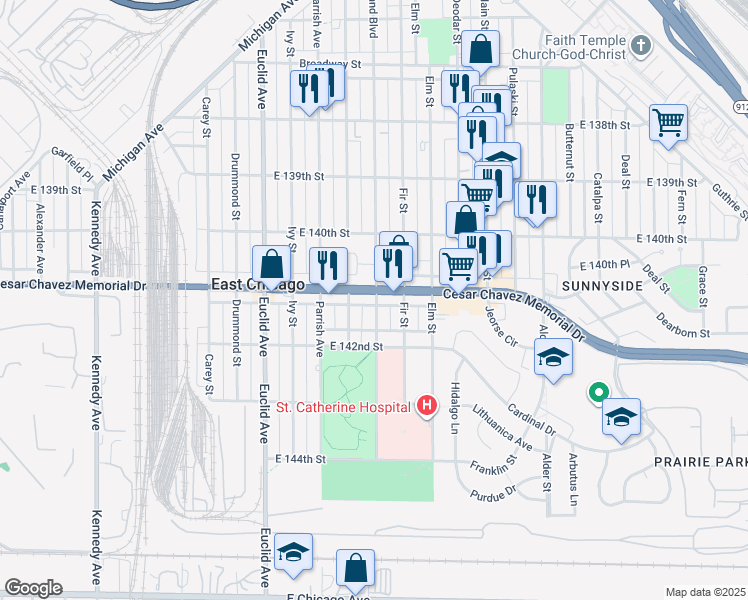 map of restaurants, bars, coffee shops, grocery stores, and more near 4110 Grand Boulevard in East Chicago