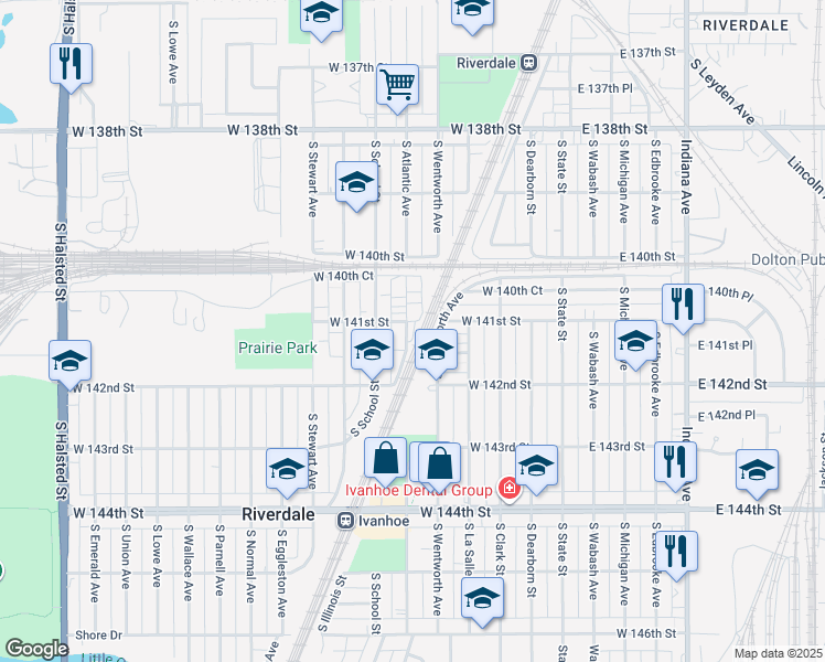 map of restaurants, bars, coffee shops, grocery stores, and more near 14110 South Highlawn Avenue in Riverdale