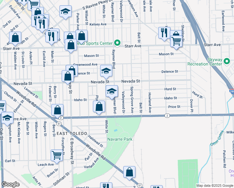 map of restaurants, bars, coffee shops, grocery stores, and more near 651 Raymer Boulevard in Toledo