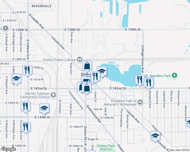 map of restaurants, bars, coffee shops, grocery stores, and more near 14127 Lincoln Avenue in Dolton