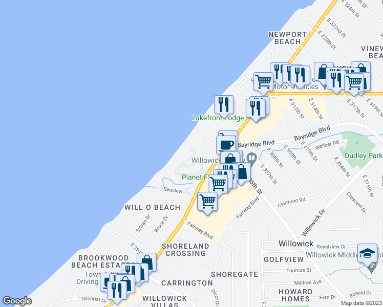 map of restaurants, bars, coffee shops, grocery stores, and more near 144 Larimar in Willowick