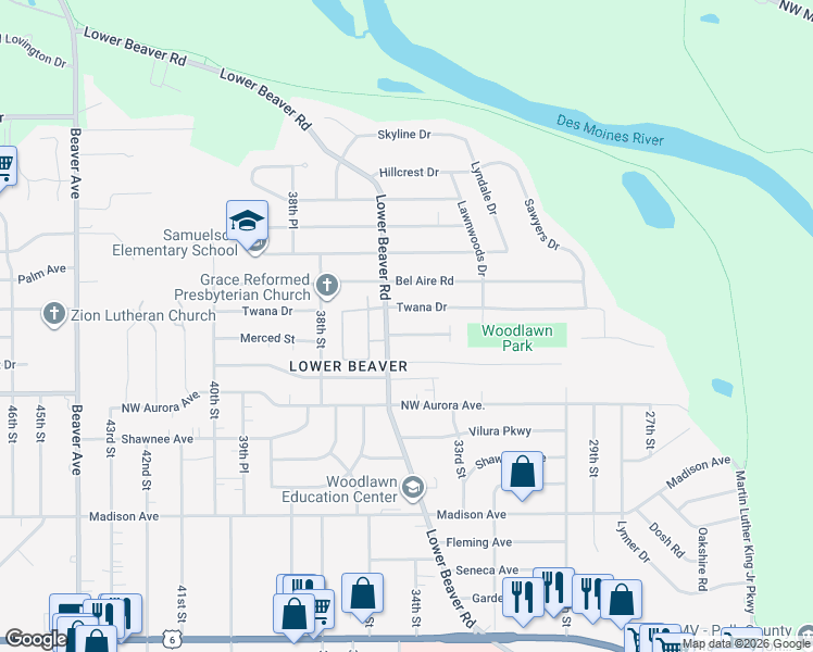 map of restaurants, bars, coffee shops, grocery stores, and more near 4423 Lower Beaver Road in Des Moines