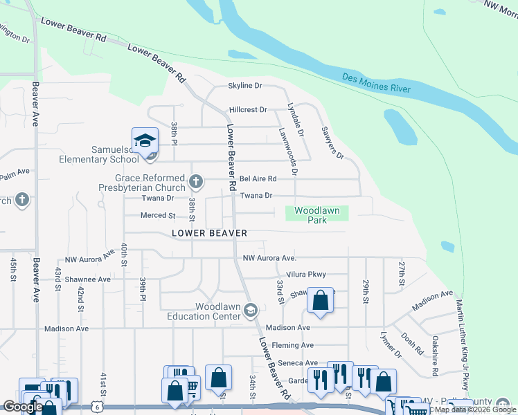 map of restaurants, bars, coffee shops, grocery stores, and more near 4423 Lower Beaver Road in Des Moines