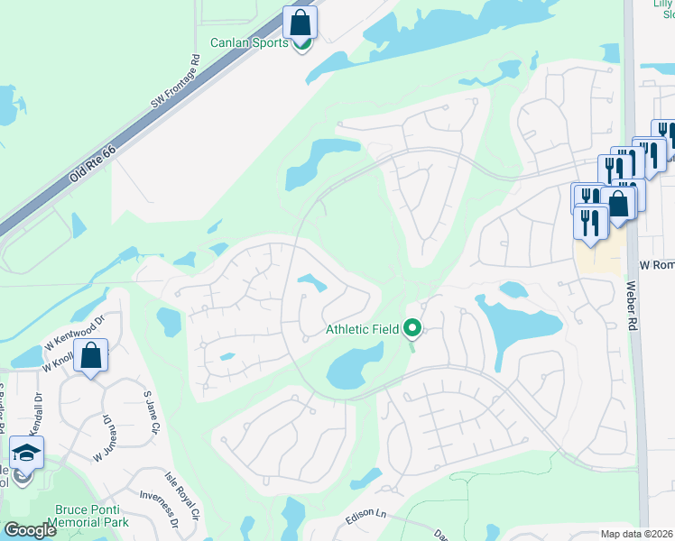 map of restaurants, bars, coffee shops, grocery stores, and more near 21314 West Redwood Drive in Plainfield