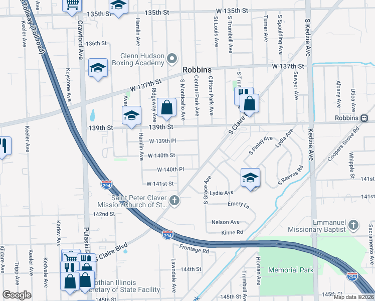 map of restaurants, bars, coffee shops, grocery stores, and more near 3622 140th Street in Robbins