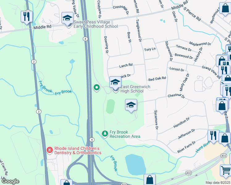 map of restaurants, bars, coffee shops, grocery stores, and more near 300 Avenger Drive in East Greenwich