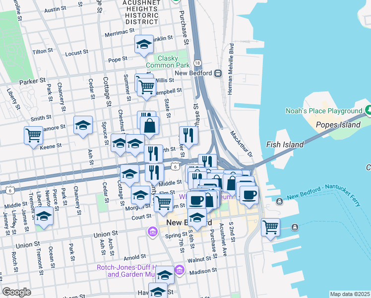 map of restaurants, bars, coffee shops, grocery stores, and more near 836 Pleasant Street in New Bedford